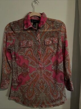 INC International Concepts Paisley Print Sheer Bloyse with Rhinestone buttons